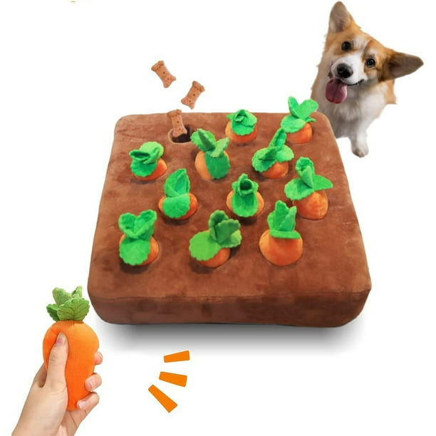 iFur Juguetes de rompecabezas para perros, juguete para perros con parche de zanahoria, tapete para Snuffle de 13 x 13 pulgadas con 12 zanahorias de felpa chirriantes, juguetes interactivos para