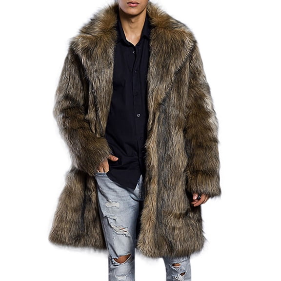 Mens Winter Long Jacket Fluffy Parka Overcoat Warm Cardigan Brown XL
