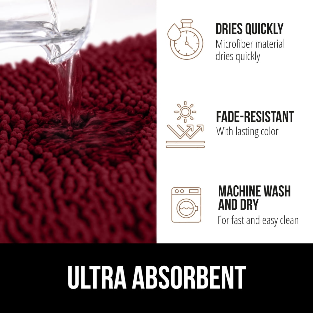 GORILLA GRIP Chenille Bath Rug 30x20, Rubber Backing Quick Dry Washable Microfiber Mats, Burgundy