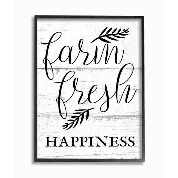 The Stupell Home Decor Collection Farm Fresh Happiness Black and White Script Oversized Framed Giclee Texturized Art, 16 x 1.5 x 20