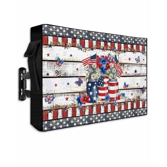 4th of July Outdoor TV Cover 30 to 32 Inch Weatherproof, Independence Day Blue Red Floral Vintage 600D Oxford TV Covers with Waterproof Zipper, Outside Flat TV Screen Protector Size 30"Wx19"Hx4.5"D