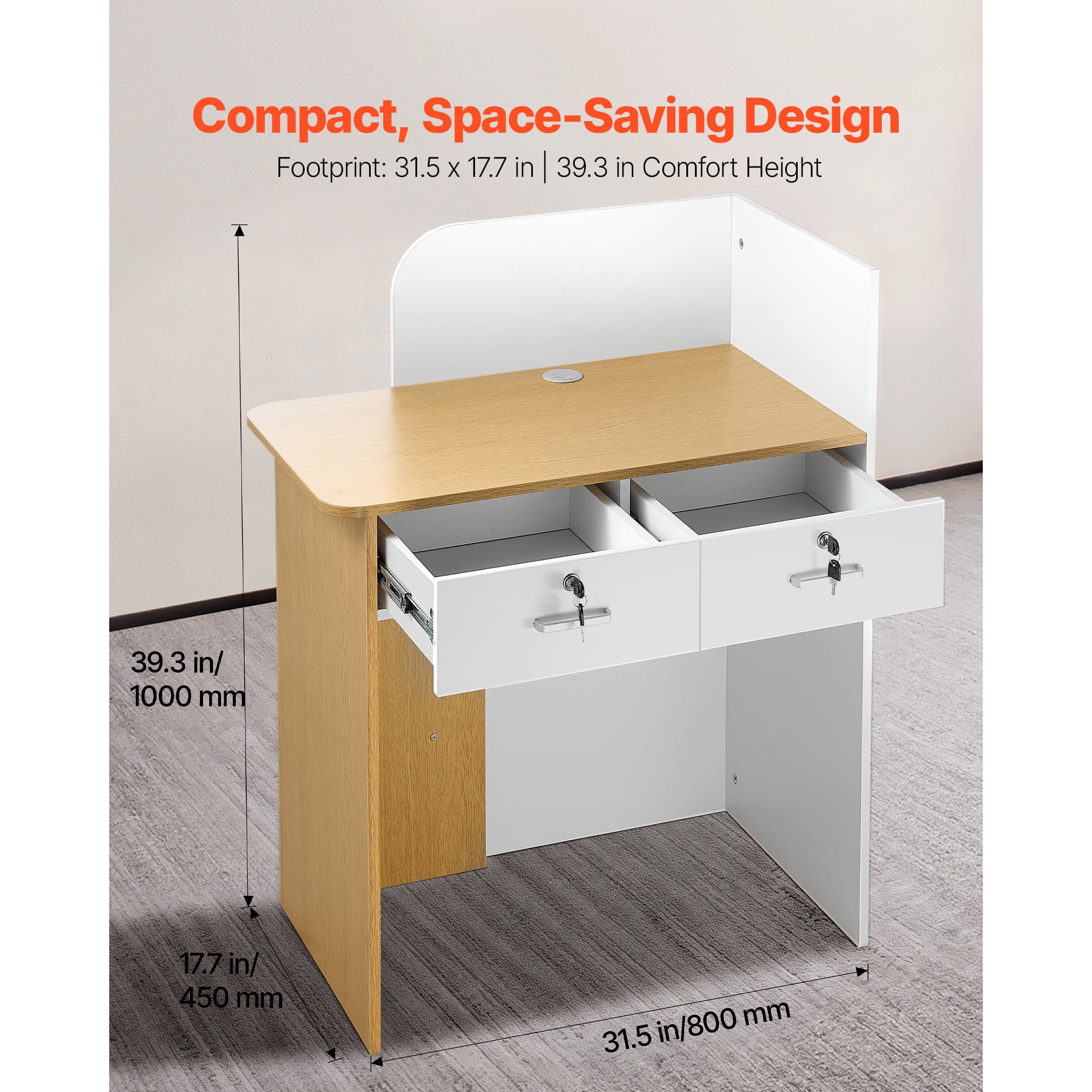 KFFKFF Reception Desk, 31.5-Inch Rectangular Front Counter Table, Modern Office Desk with LED Lighting, 2 Storage Drawers & Power Outlets, Counter Table for Checkout, Lobby, Salon, or Office Use