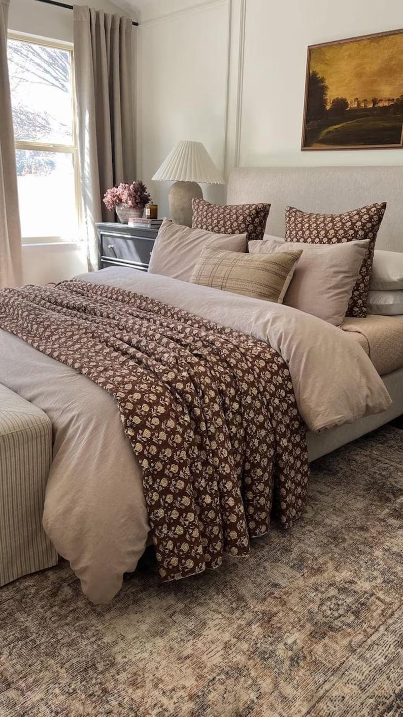 A And E Textiles House Brown Indian Block Print Kantha Quilt - Handmade, Cozy Throw Blanket