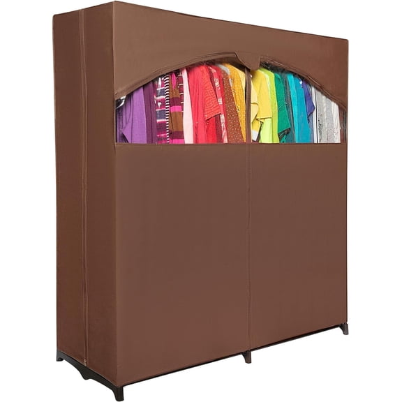 HOLDN' STORAGE Portable Wardrobe Closet with Heavy Duty Metal Rod 65 lb Capacity Zipper Clear Window and Canvas Cover for Clothes Storage, Brown