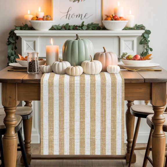 Kitchen Table Runner 36 Inches Long, Farmhouse Beige White Stripes Cotton Linen Table Runners for Dining Tables Home Holiday Party Wedding, Retro Rustic Lines Tabletop Scarf