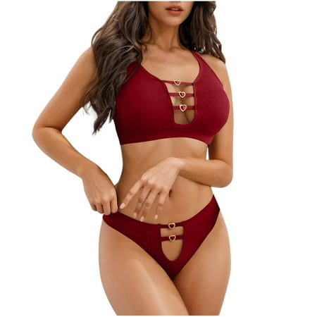 jobturf Women s Ribbed Knit Cutout Matching Bra and Panty Set 2 Piece Spaghetti Strap Seamless Support Underwear Sports Bras Sets Wine Free Size