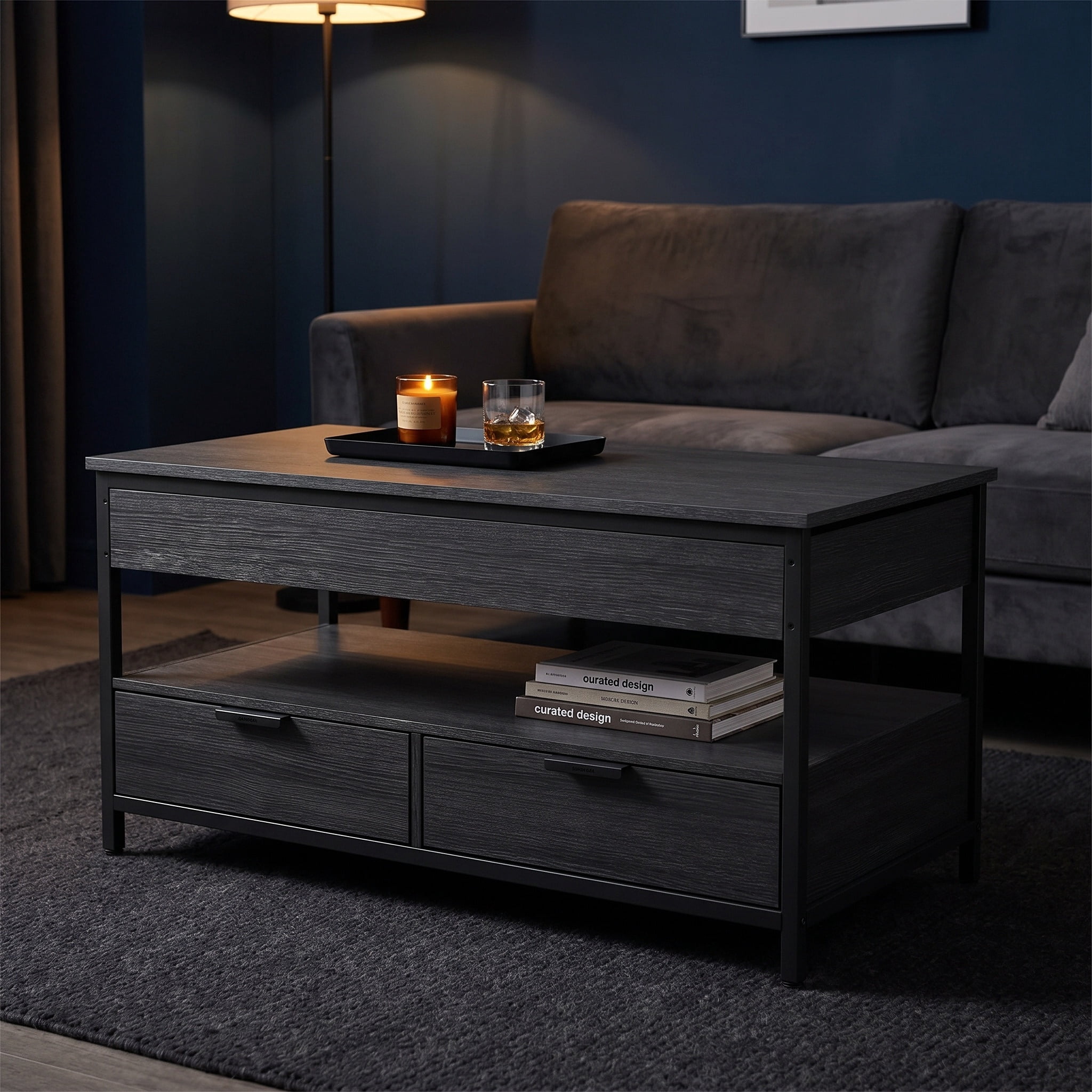 Nordic Hygge 40" Height-Adjustable Living Room Center Table with 2 Storage Drawers and Open Compartment, Anthracite Grey & Ink Black