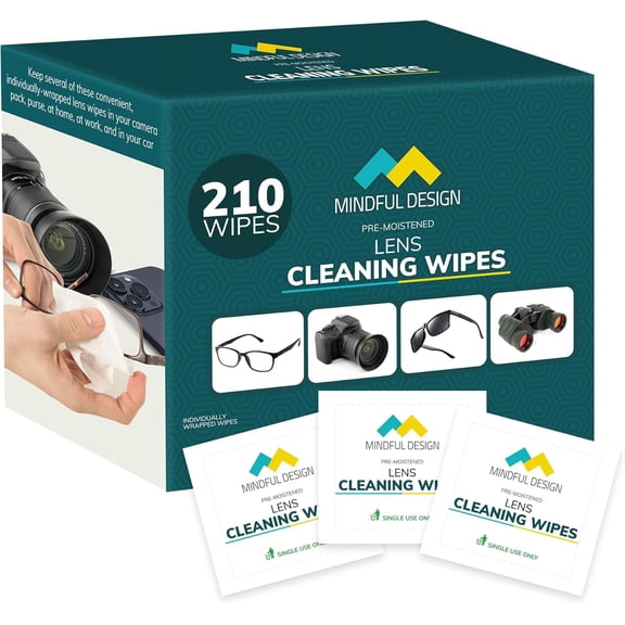 Mindful Design Lens Cleaning Wipes - Individually Wrapped - 210 Count, Individually Wrapped, Eye Glass Cleaning, Lens Wipes for Glasses/Sunglasses