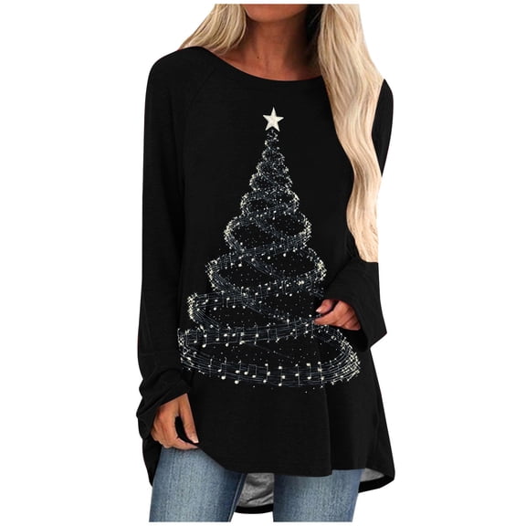 asdoklhq Christmas V Neck Sweaters for Women Casual Long Sleeve Round Neck Pullover Loose Blouse Ethnic Style Printed ShirtsTops Black L