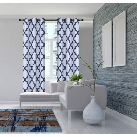 Wide Thermal (2-Piece 7LO Navy Blue Geometric Blackout Lined Grommet Window Curtain Set, Two (2) Printed Thermal Panels 37