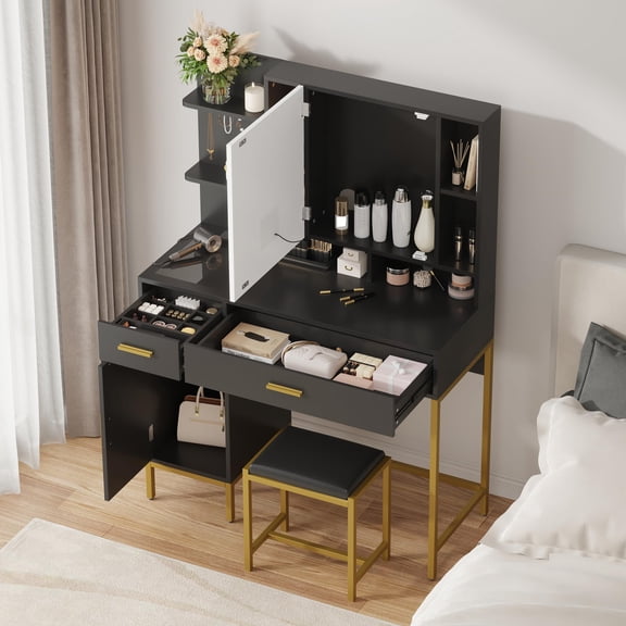 Makeup Vanity Desk with 3-Color LED Lights, Charging Station, Visible Drawers & Storage Shelves – Modern Vanity Table with Stool