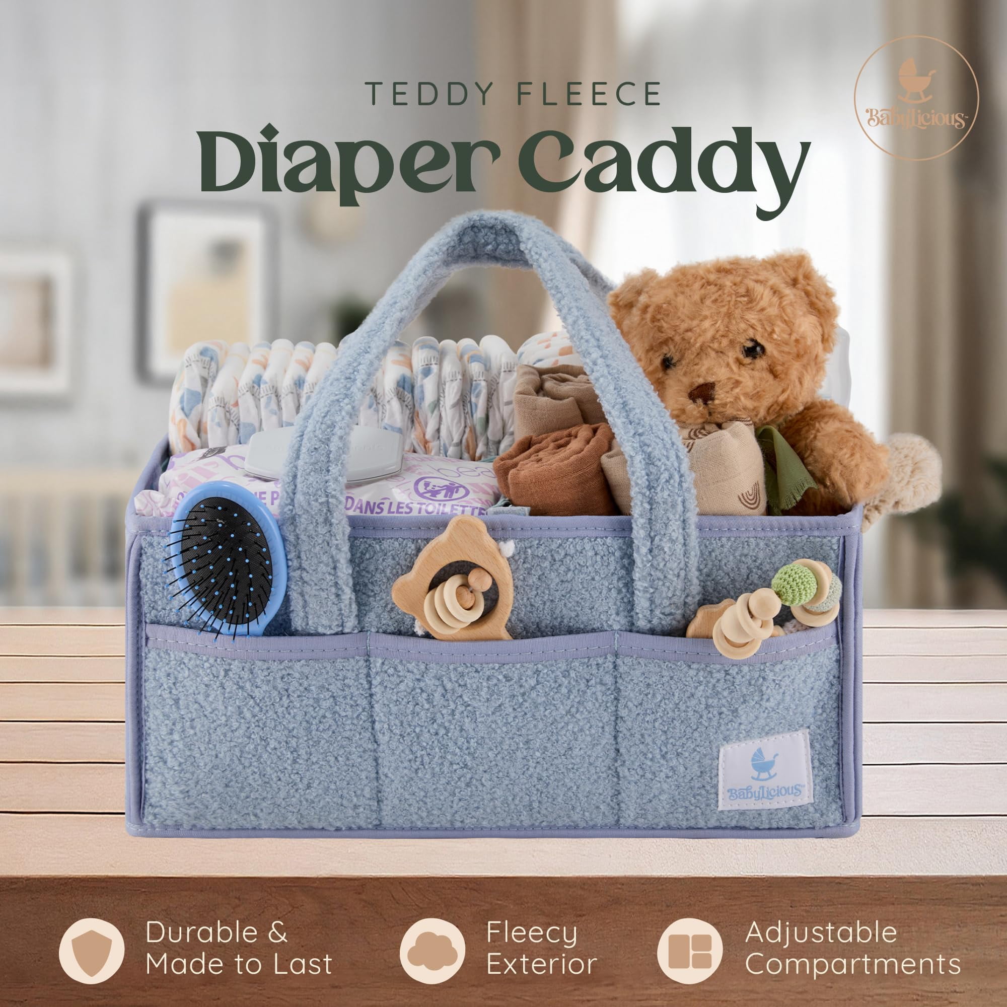 Babylicious Baby Diaper Caddy, Newborn Changing Table Organizer for Wipes and Diapers | - Misty Blue