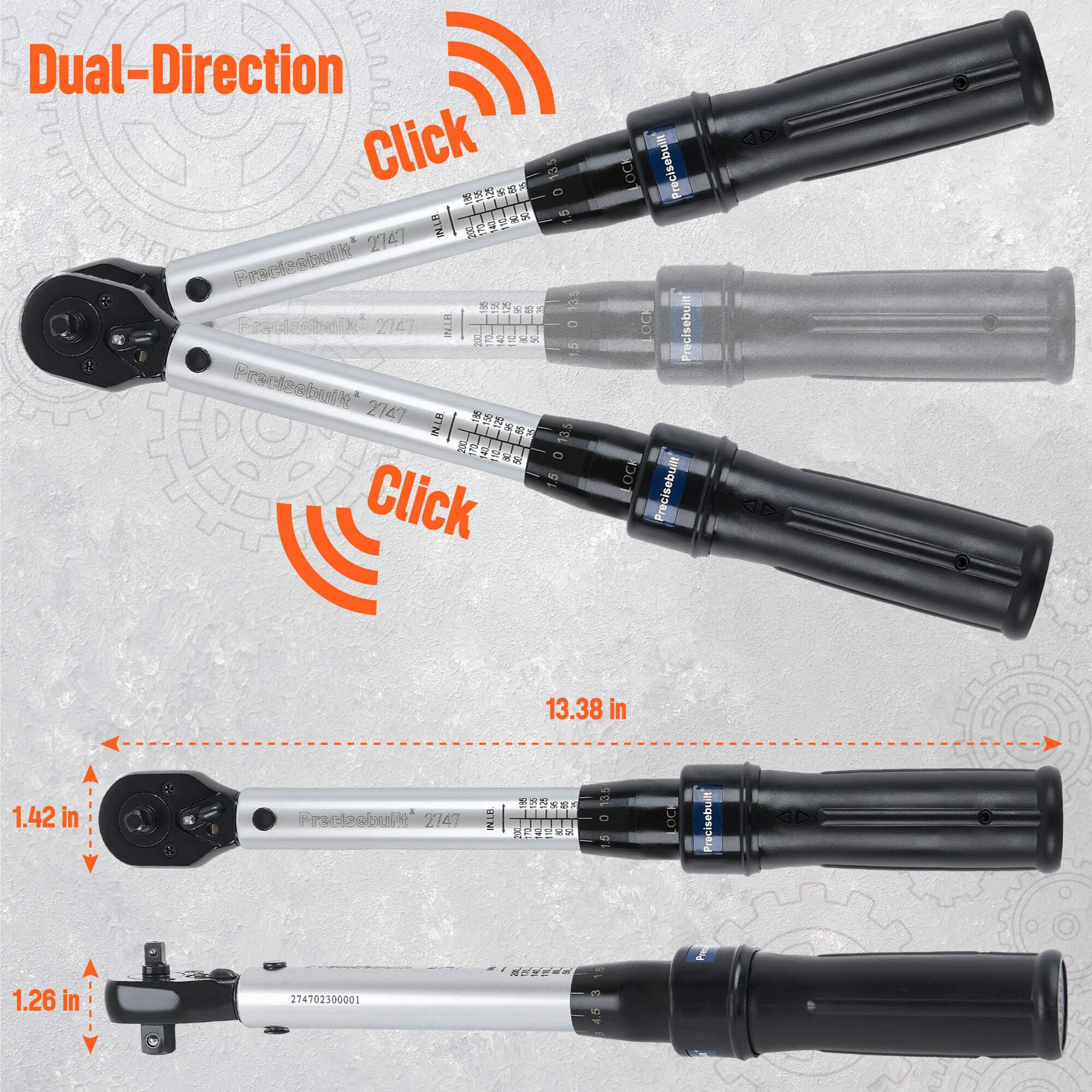 Precisebuilt 1/4" x 3/8" Dual-Drive 35-200 in-lb Click Tech Torque Wrench