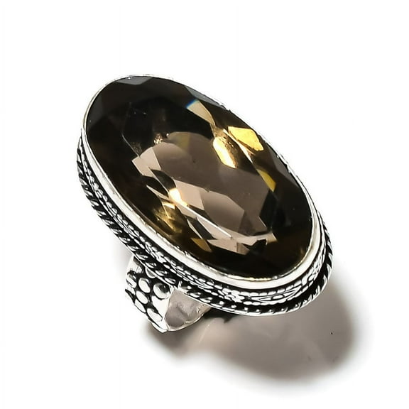 Natural Smoky Topaz Gemstone Handmade 925 Sterling Silver Ring Size 7.5
