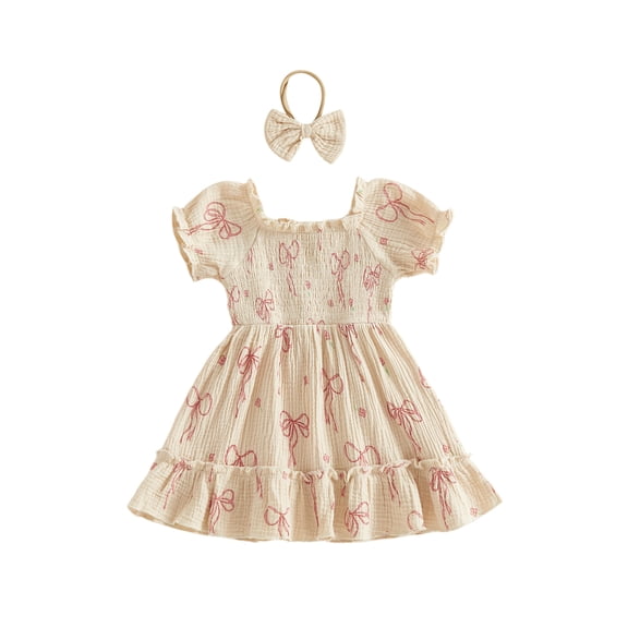 BemeyourBBs Kids Toddler Baby Girls Summer Smocked Dress Little Girl Cotton Linen Outfit Bow Print Short Sleeve Square Neck Ruffle Dress and Headband Set