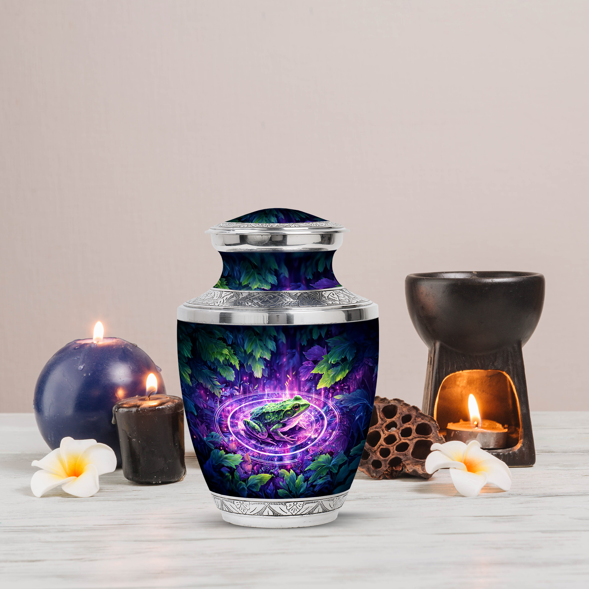 MUKTIVE Frog Memorial Urn for Human Ashes for Adult Cremation, Decorative Blue Urns for Mom Burial, Large Unique Green leaves Urns for Funeral, Cremation Urn for Men, 10 Inch