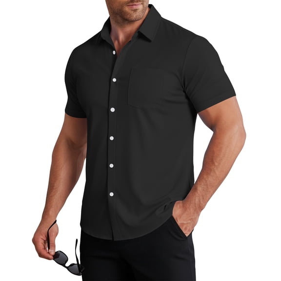 Nestiefly Mens Wrinkle Free Quick Dry Shirts 2026 Summer Button Short Sleeve Casual Button Down Work Hiking Dress Shirts Black L
