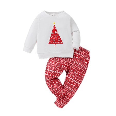 

NZRVAWS Baby Boys Clothes Christmas Tree Print Long Sleeve Round Neck Top +Pants 2Pcs Outfits Set 6-9 Months White