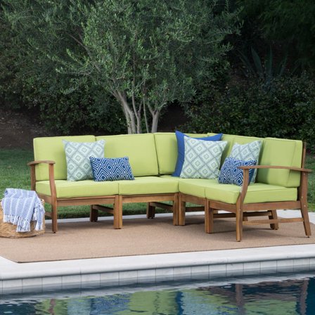 Bodhi Outdoor 5 Piece Sectional with Cushions, Teak, Green