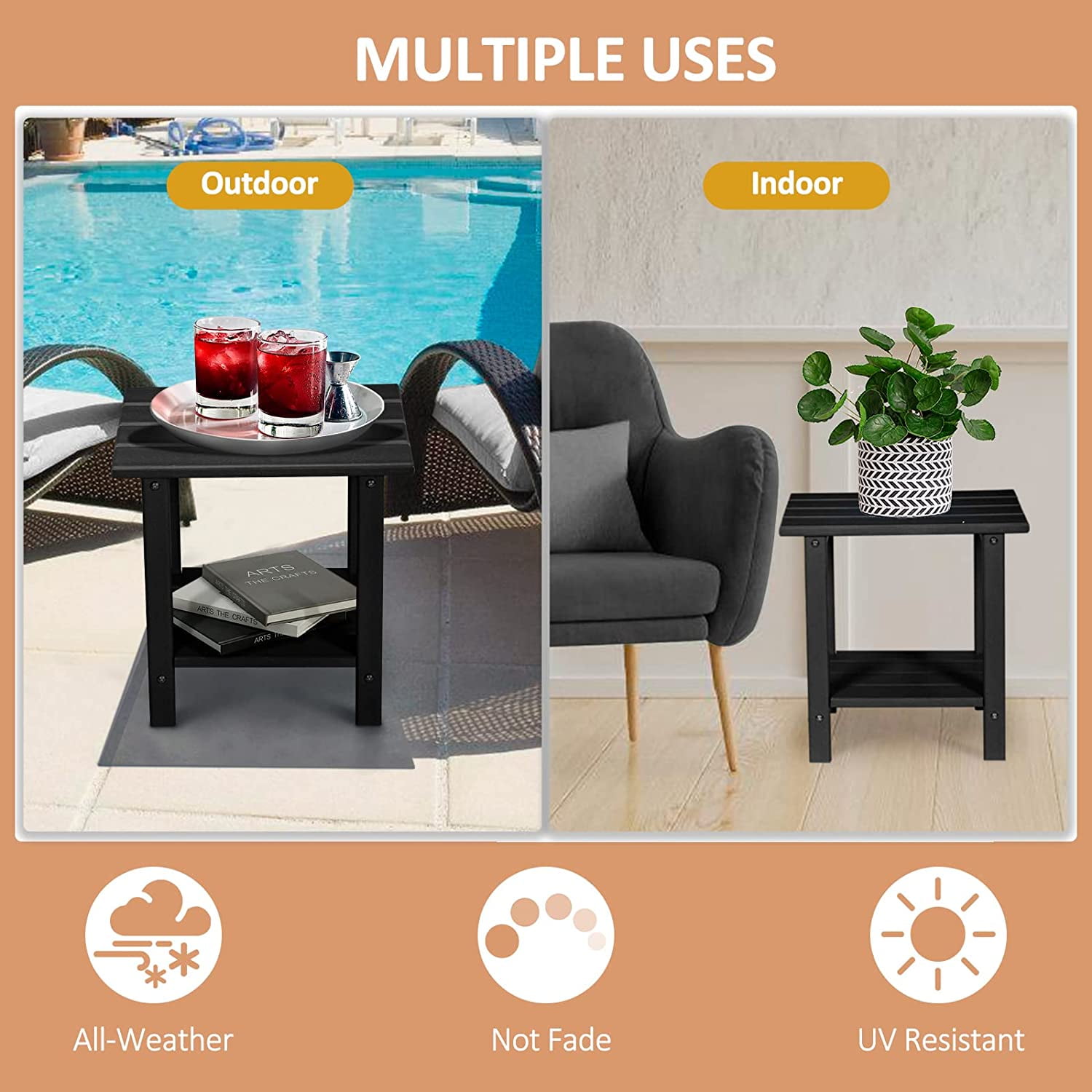 Nalone 2-Layer Outdoor Side Table, HDPE Weather-Resistant Adirondack for Living Room Bedroom, Outdoor Side Table, Patio End Table Outside-Black