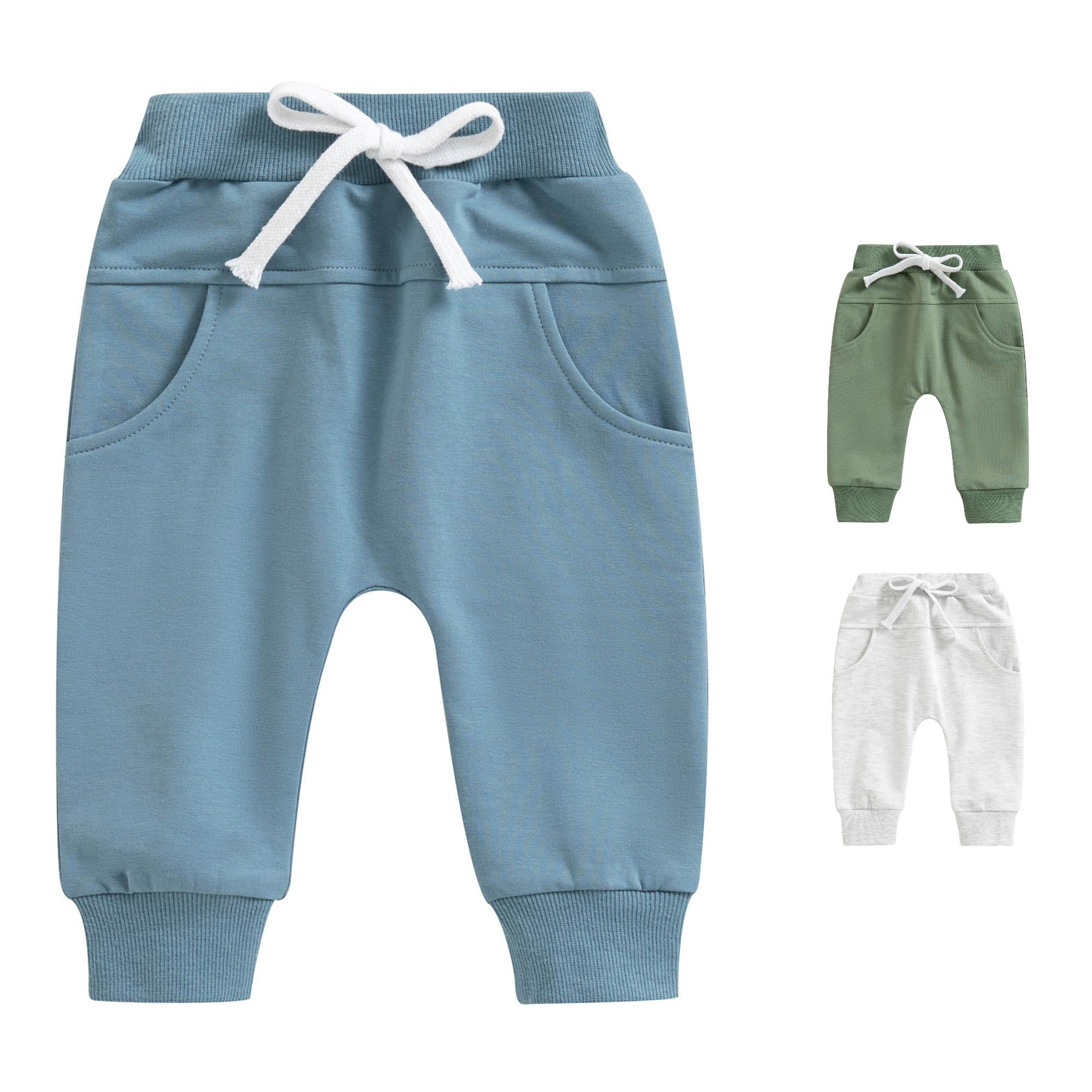 CUZIBR Girls Pants Solid Color Harem Jogger Pants White Drawstring Elastic Ribbed Side Pockets Soft Casual Play Trousers For Baby Outdoor Wear,Blue,0-6 Months