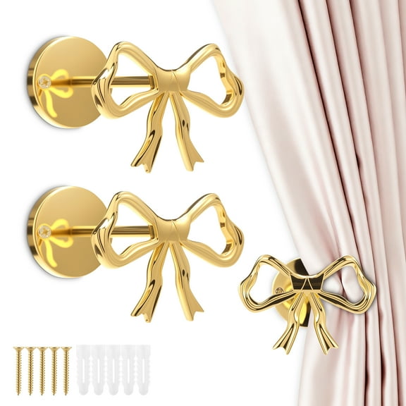 2 Pcs Bow Curtain Tiebacks Gold Metal Curtain Holdback Wall Mounted Bow Wall Hook Decoration for Office Home Decorative