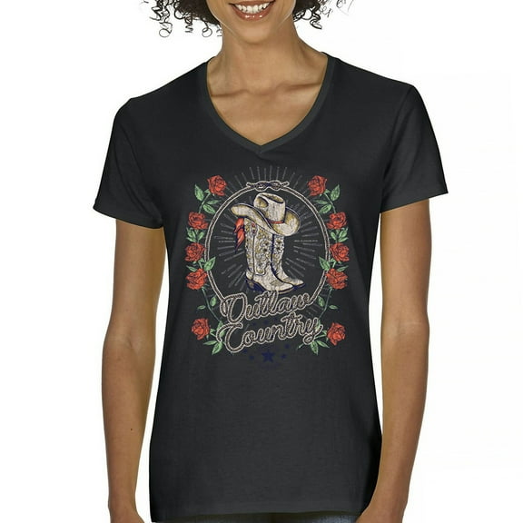 Outlaw Country Cowgirl Boots And Roses Women's V-Neck T-shirt Western Rodeo Floral Cowgirl Hat Vintage Southern Rustic Tee