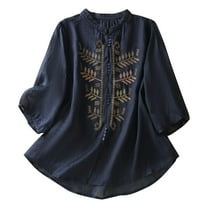 Fesfesfes Women's Casual Tee Delicate Hollow-Out Embroidered 3/4 Sleeved Stand up Collar Tops with Buttons Fall Trendy Outdoor Blouses(Navy#2,2XL)