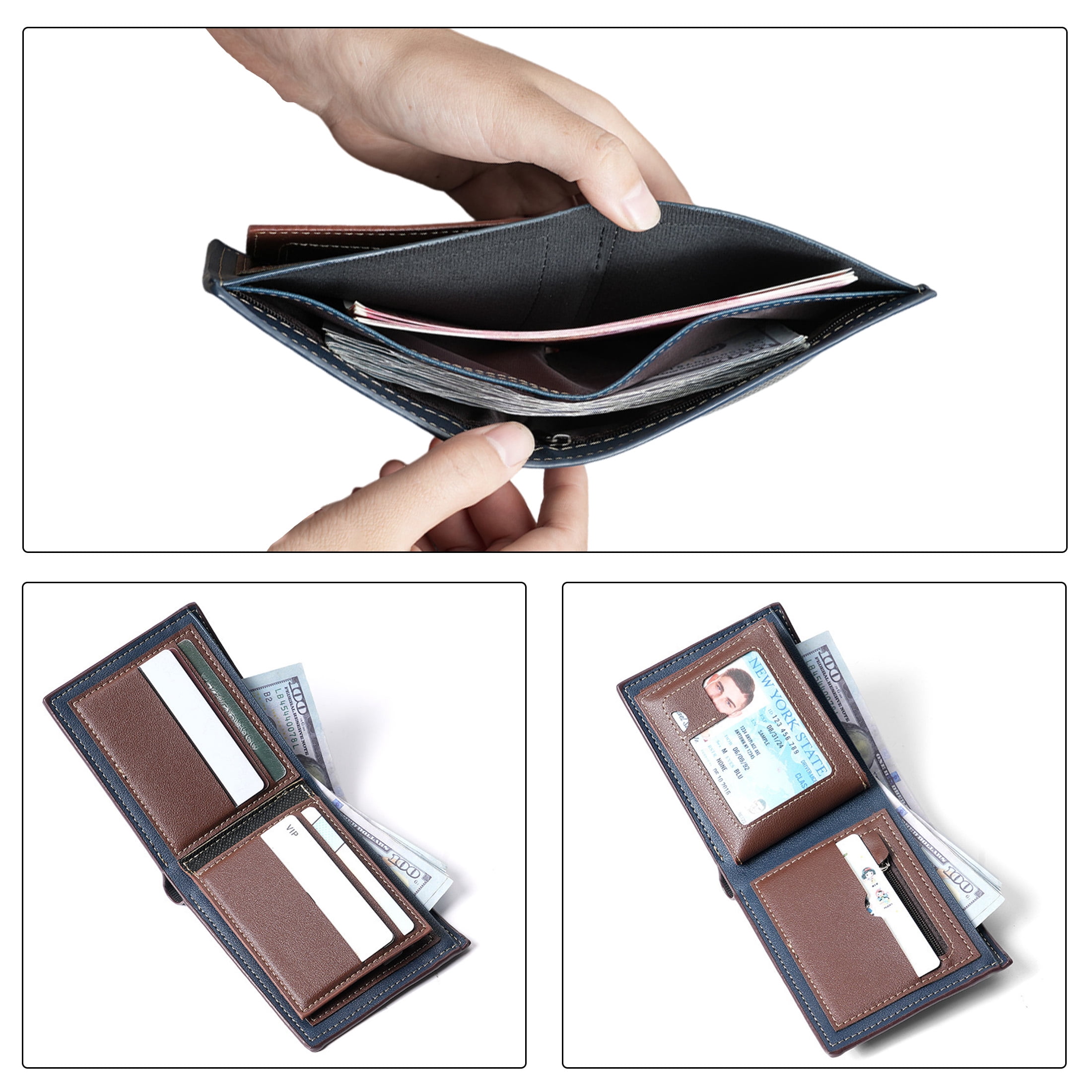 cisilov Wallets for Men, Slim PU Leather Bifold Wallet with ID Window & Zipper Coin Pocket