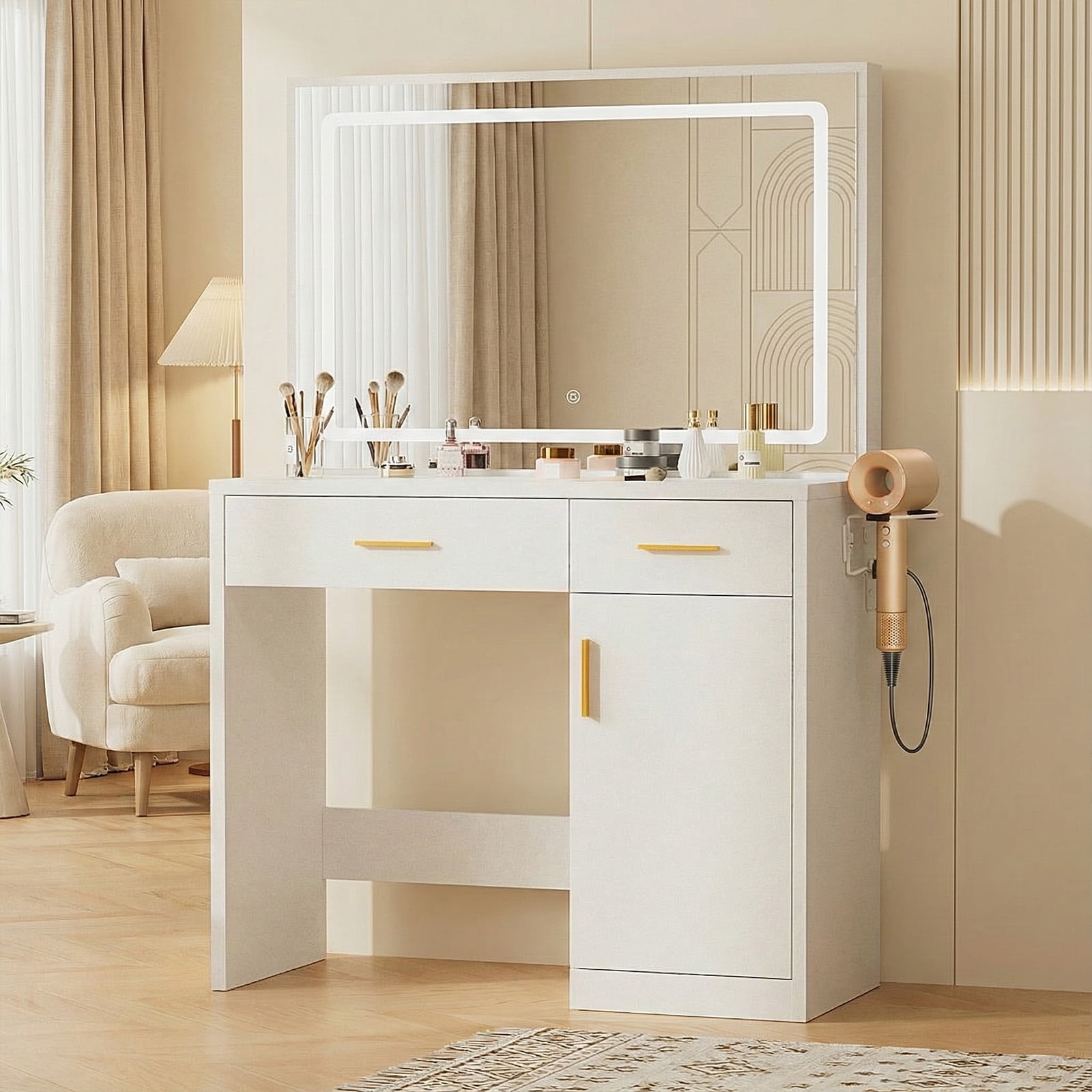 ZUNMOS Vanity Desk with Mirror and Lights, Makeup Vanity Table with Hair Dryer & Power Outlet, 2-Drawer Dressing Table for Bedroom,White
