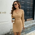 thumbnail image 4 of Lilgiuy Women's Casual V-Neck Pure Color Dough Twists Waist Closing Long Sleeve Hip Wrap Wool Dress for Going Out, 4 of 5