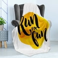 thumbnail image 4 of Inspirational Soft Flannel Fleece Blanket, Run for Fun Calligraphy Yellow Brushstrokes Backdrop Lifestyle Image, Cozy Plush for Indoor and Outdoor Use, 50" x 60", Black White Yellow, by Ambesonne, 4 of 5