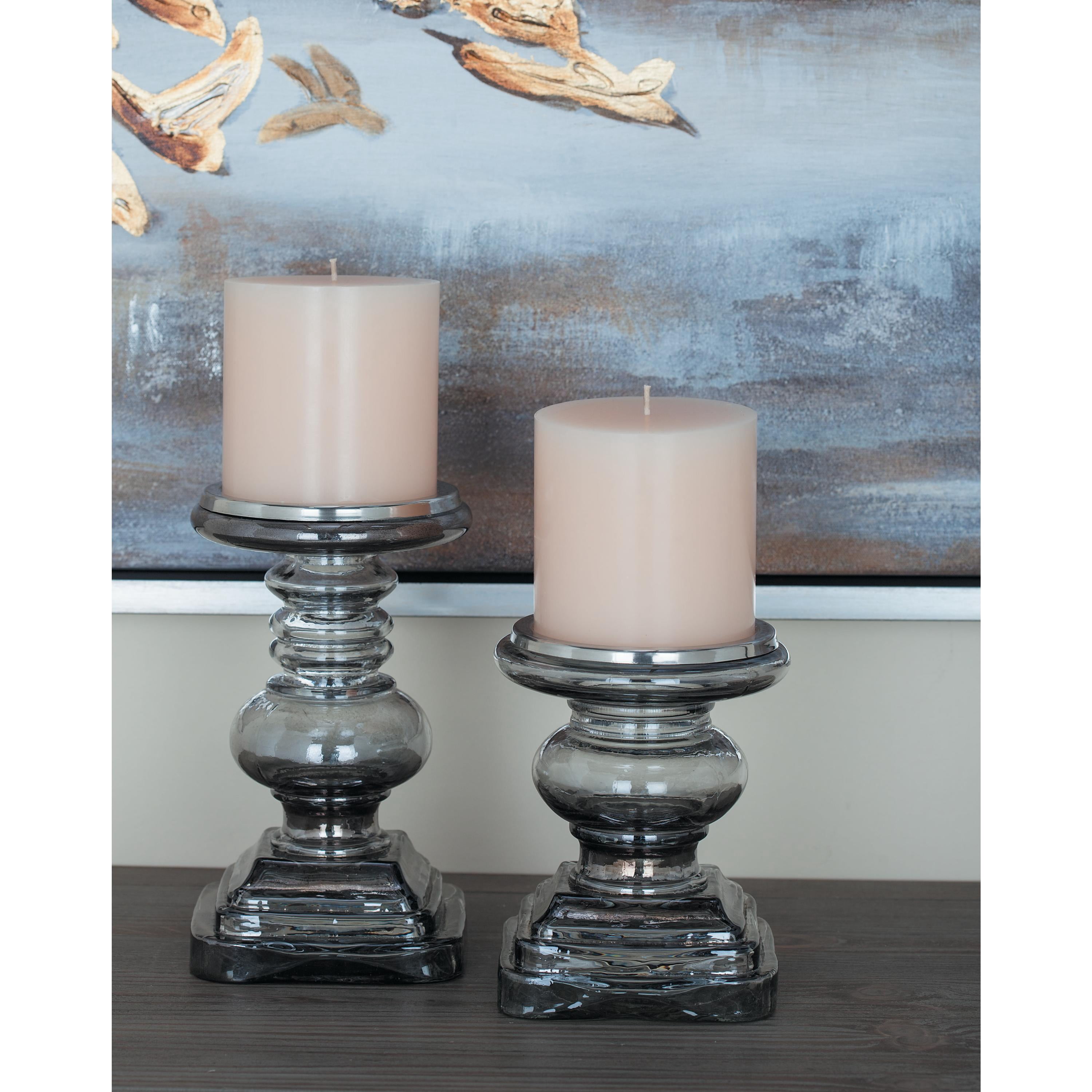 DecMode 2 Candle Silver Glass Handmade Turned Style Pillar Candle Holder, Set of 2