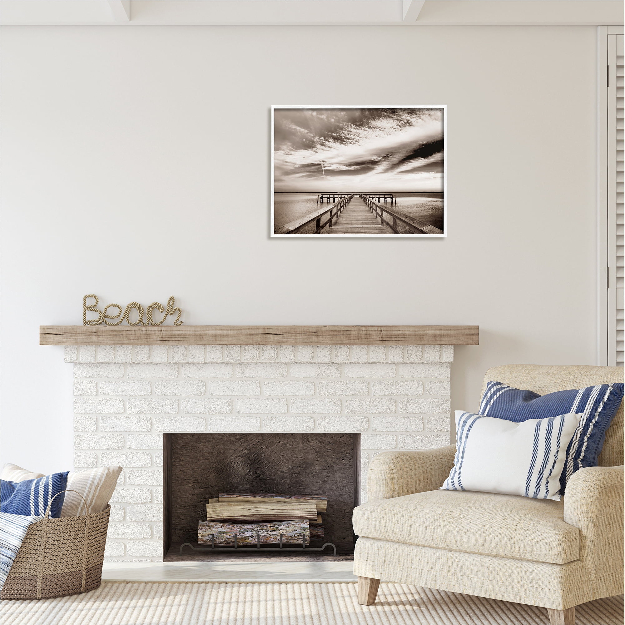 Stupell Industries Dock with Cloudy Sky Landscape Photography White Framed Art Print Wall Art, 30 x 24