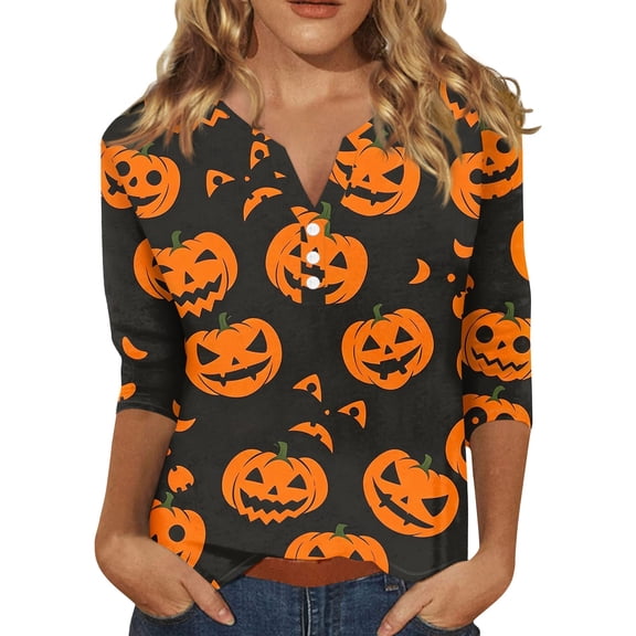 Halloween Shirts Women Funny 3/4 Sleeve T Shirts Horror Pumpkin Printed Pullover Spooky Button V Neck Tops Holiday Three Quarter Length Blouses, XL