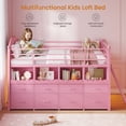 thumbnail image 2 of Low Loft Bed Twin Size with 8 Storage Drawers and LED Lights, Metal Loft Bed Frame with Bookcase Storage, Safety Guardrail and Under-Bed Play Space, Pink, 2 of 9