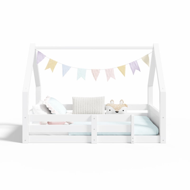 Euroco Wood Twin Size Platform Bed, Low Profile House Floor Bed with Guardrails, White