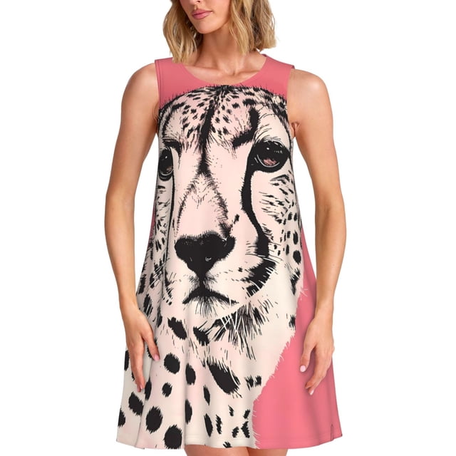 Fotbe Pink Cheetah Art Vestido de Verano sin Mangas para Mujer – Vestido Midi Línea A, Estilo Camiseta Floral, Vestido Playero Casual y Fluido