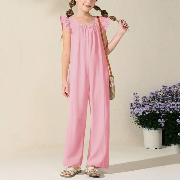 MKOSPLRT One Piece Jumpsuits for Girl Ruffle Sleeve Baggy Wide Leg Jumpsuits Crew Neck Pleated Straight Leg Jumpers Solid Casual Overalls