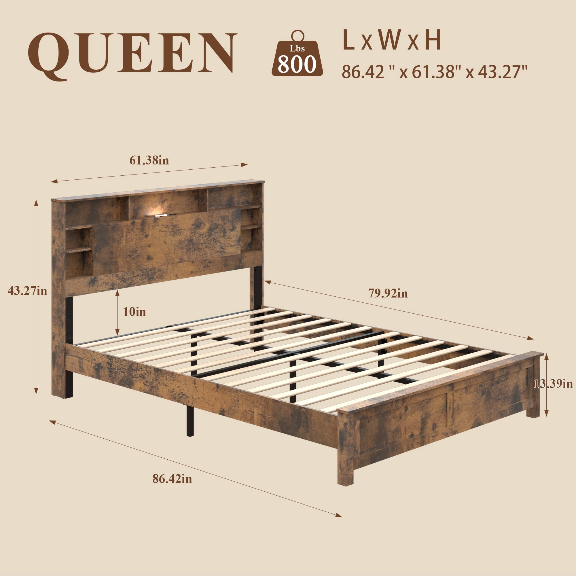 PORKISS Queen Size Bed Frame with Storage Headboard, Charging Station and LED Lights, Rustic Brown Wood Platform Bed Frame with Bookcase Headboard, USB & Type-C Ports, No Box Spring Needed