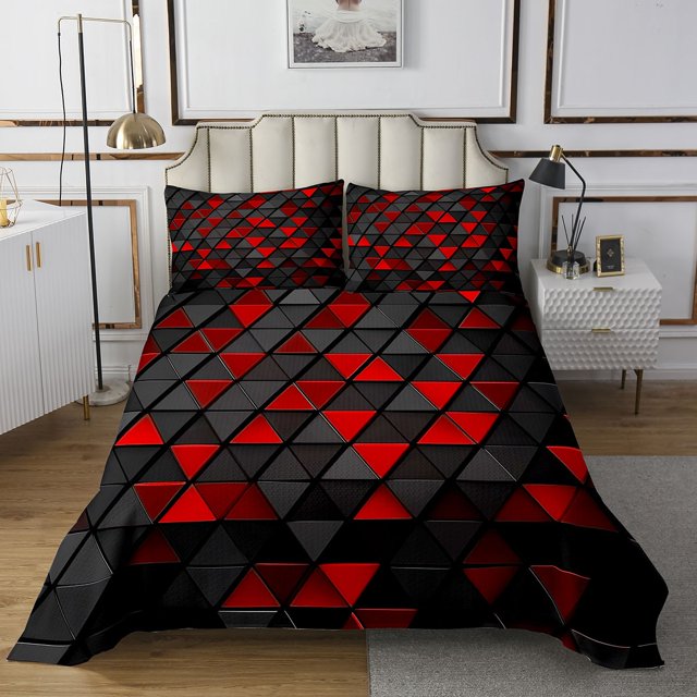 Erosebridal Black Red Triangle Coverlet Set King,Geometric Stereoscopic Bedding Set,Gradient Bedroom Decor,Ultra Soft,3 Pieces
