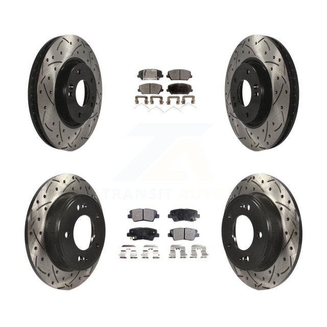 Transit Auto Front Rear Coated Drilled Slotted Disc Brake Rotors and Semi-Metallic Pads Kit for Car 2017 Kia Forte Koup Turbocharged KDF-100305