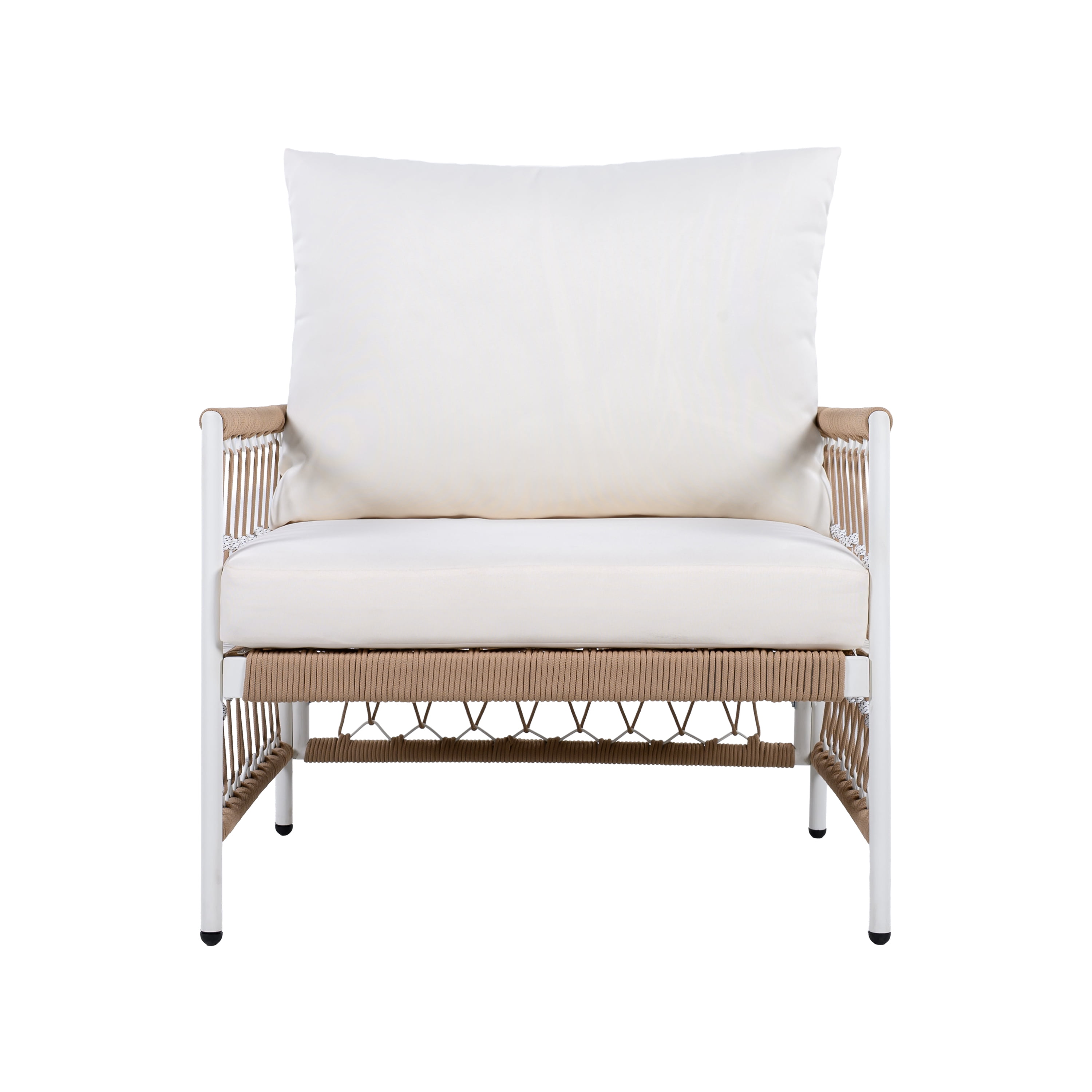 Bohemian Lounge Chair, Outdoor Chair with Handwoven Rope and Steel Frame for Patio Garden, Brown and Beige