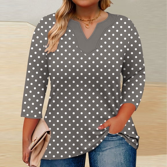thefmos Women Plus Size Polka Dot V Neck 3/4 Sleeve Blouses for Women Cute Trendy Loose Fit Casual Pullover Tops Fall Winter Business Work Clothes Comfy Tshirt, Gray L