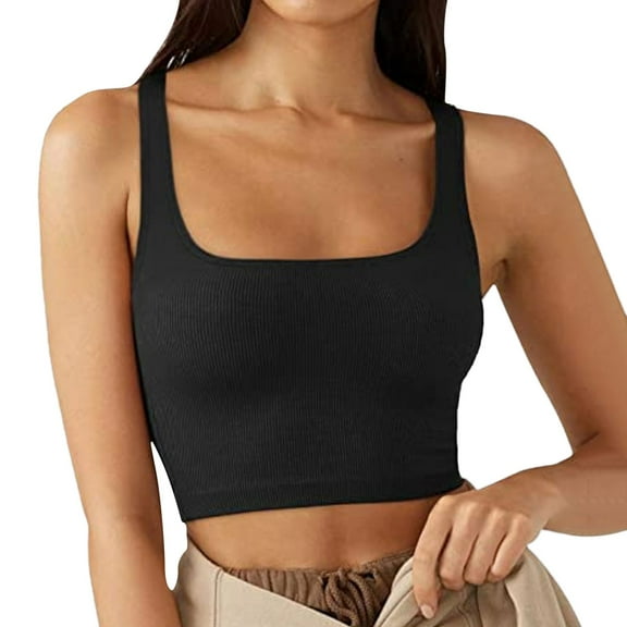 MESSUEN Tank Top for Women Ribbed Tank Tops for Women Square Neckline Crop New European Solid Color Trend Thread Vest Women Tops Dressy Casual Summer Sleeveless Tops for Women Black L