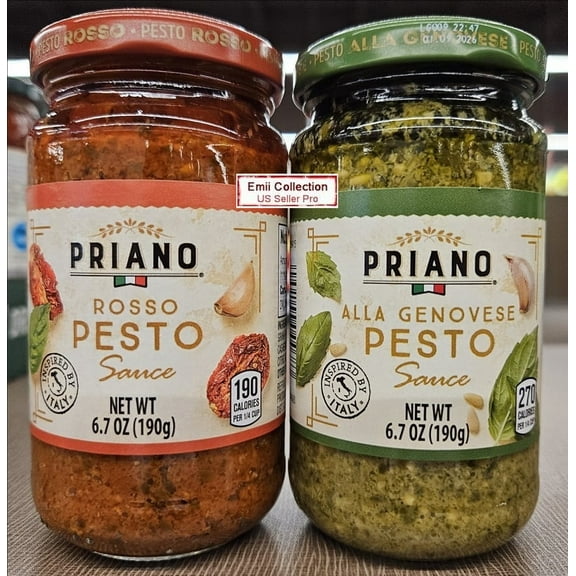 Priano Rosso Pesto and Alla Genovese Pesto Sauce 6.7oz 190g (2 Bottles)