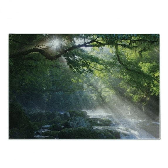Rainforest Cutting Board, Stream in the Jungle Stones Under Shadows of Trees Sun Rays Mother Earth Theme, Decorative Tempered Glass Cutting and Serving Board, Small Size, Green White, by Ambesonne