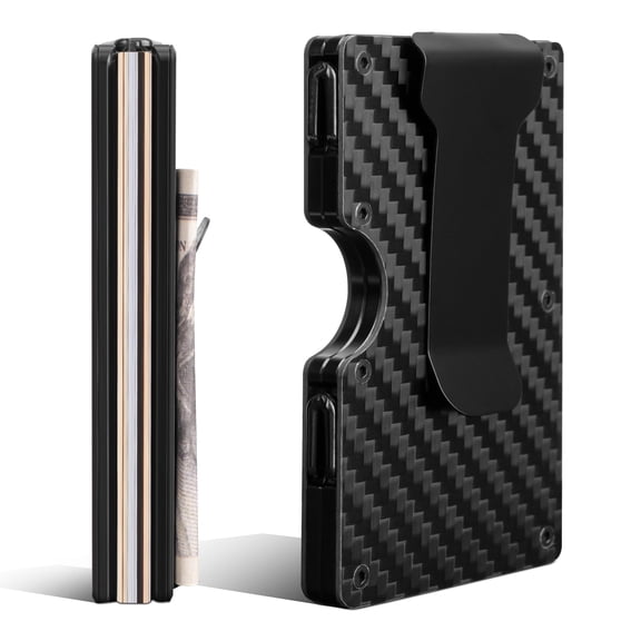 AOMGO Slim Wallet for Men - RFID Blocking Carbon Fiber Money Clip & Cash Strap - Minimalist Front Pocket Wallet Credit Card Holder For Him - 14 Cards