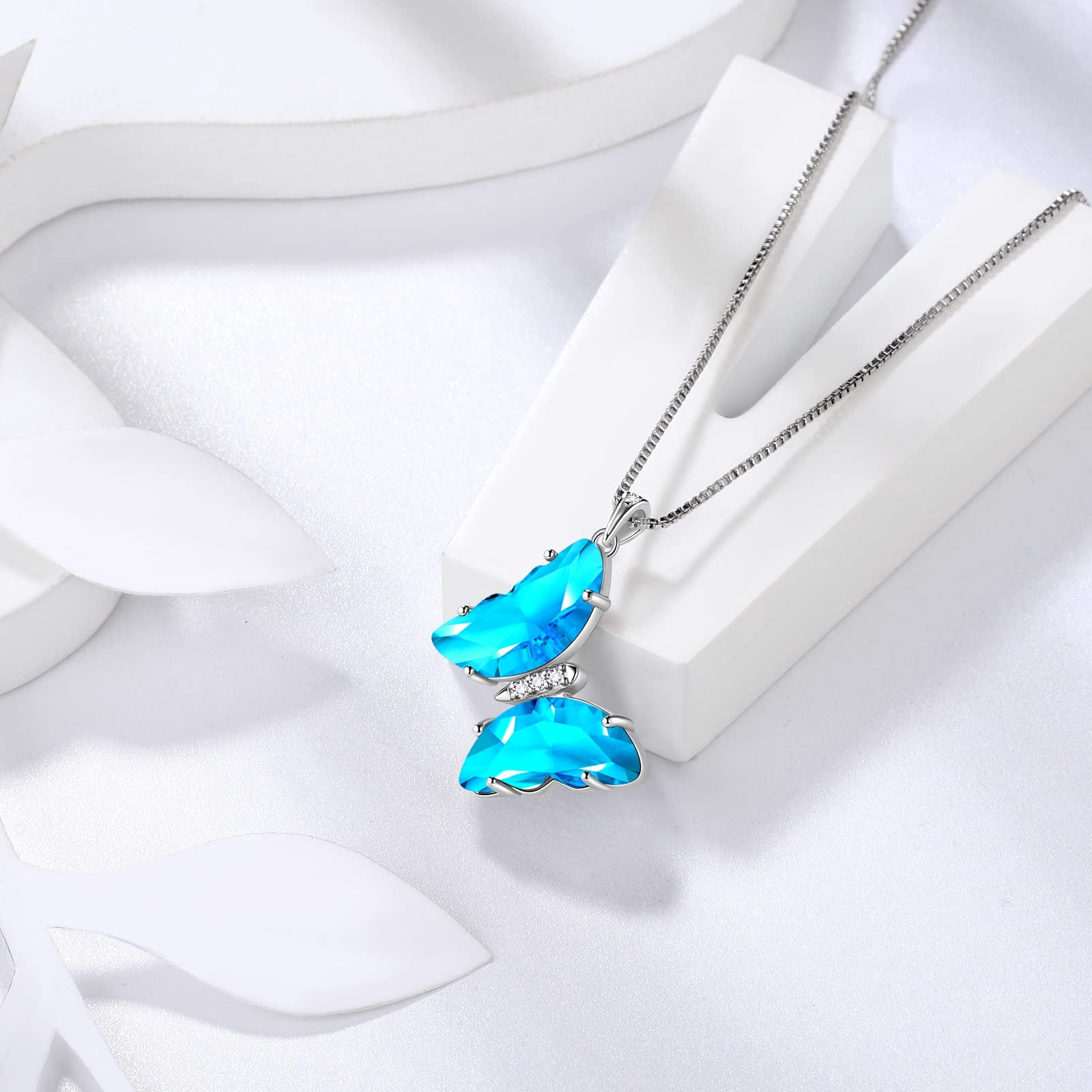 925 Sterling Silver Blue Butterfly Necklace Aquamarine March Birthstone Jewelry Crystal Pendant Women Mother Christmas Valentine Birthday Gift Juwaliy