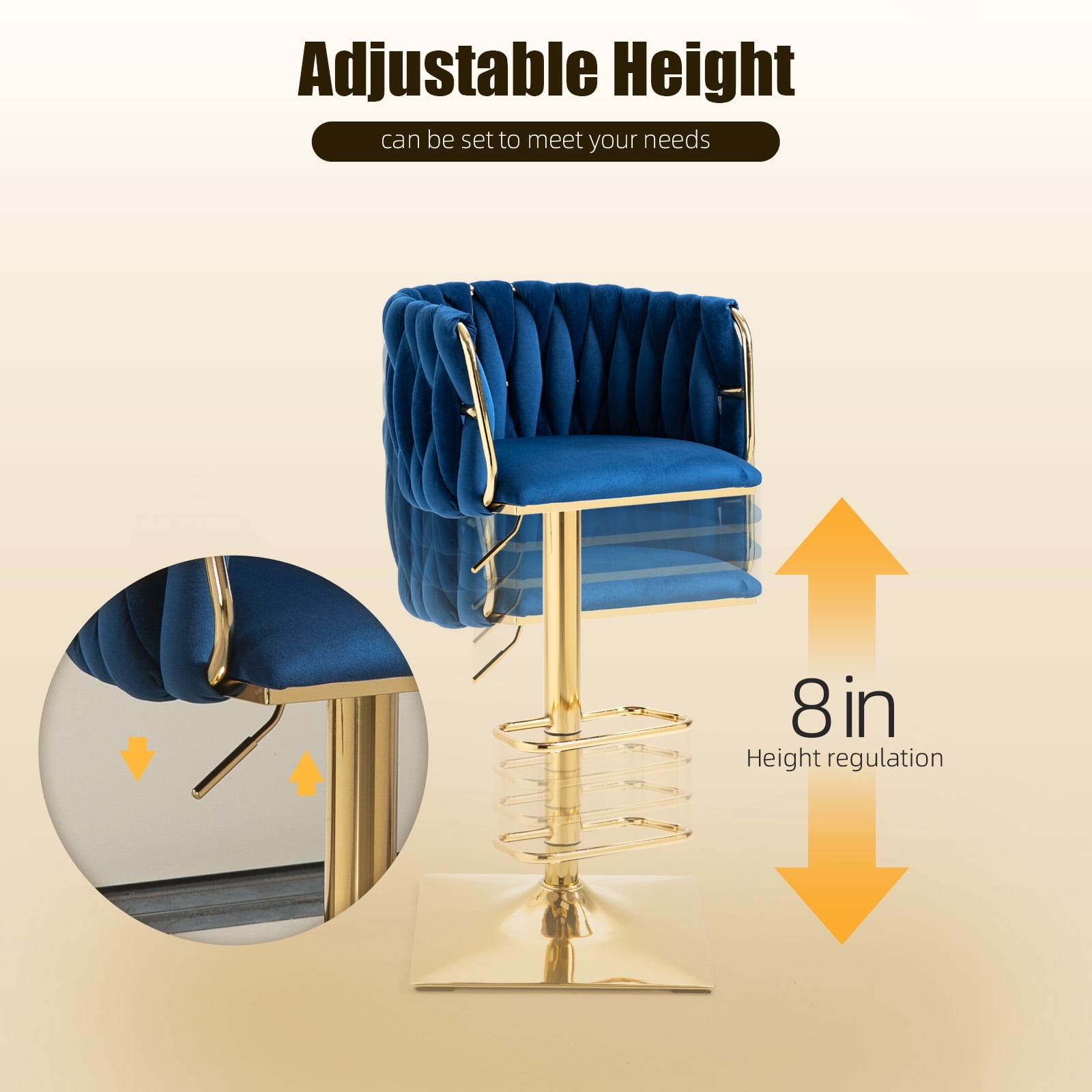 Villeston 360°Swivel Bar Stools Velvet Upholstered Adjustable Bar Chairs Set of 2 with Back & Footrest for Home and Kitchen,Navy Blue